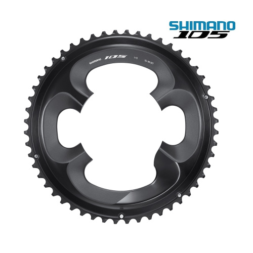Detaljerad bild av ett Shimano 105 FC-R7000 kedjehjul för cyklar, 11-växlat. Gråsvart färg med tydliga Shimano 105-logotyper. Professionell produktfotografering med jämn belysning.