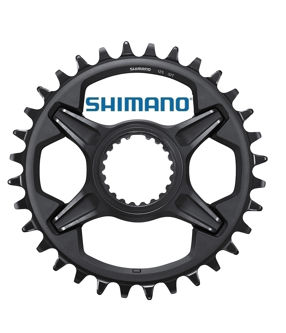 drev-shimano-deore-xt-sm-crm85.png Närbild av ett svart Shimano Deore XT SM-CRM85 framdrev med 32 tänder, märkt 12S, med stark belysning som framhäver detaljerna och den industriella designen.