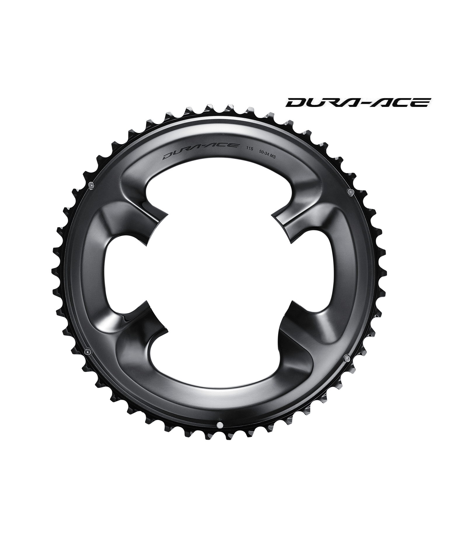 drev-shimano-dura-ace-fc-r9100-yttre.png Detaljerad bild av ett Shimano Dura-Ace FC-R9100 framdrev, framhävt i mjukt ljus, som accentuerar de precisa detaljerna och den eleganta, mörkgrå finishen mot en ren, vit bakgrund.