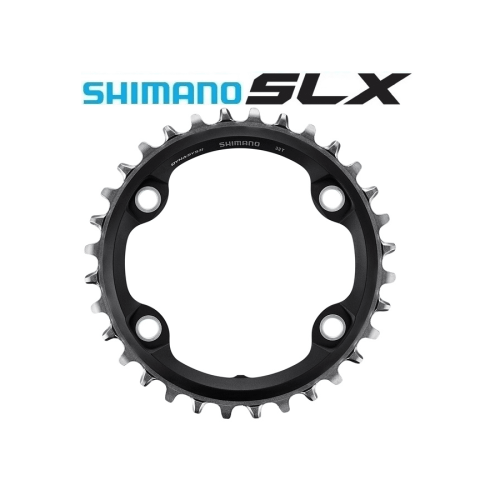 Närbild av ett svart Shimano SLX FC-M7000-1 framdrev med 32 tänder. Framdrevet är centrerat i bilden mot en ren vit bakgrund. "SHIMANO SLX" logotypen visas ovan.