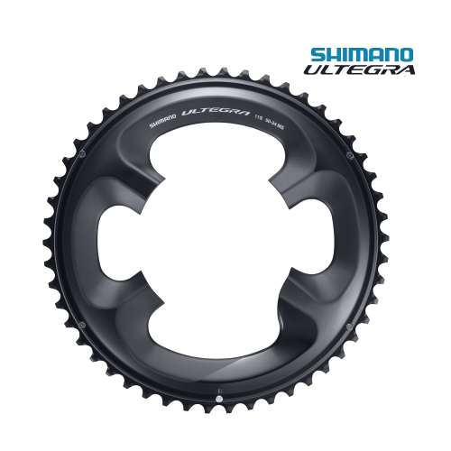 En detaljerad närbild av ett mörkgrått Shimano Ultegra FC-R8000 framdrev för cyklar. Ljuset framhäver den precisa konstruktionen och de distinkta Ultegra-logotyperna, vilket skapar en professionell och högteknologisk atmosfär.