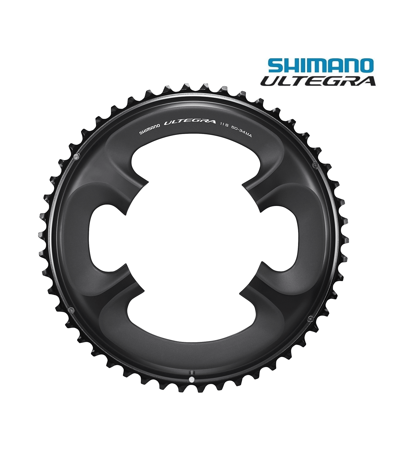 drev-shimano-ultegra-fc6800-yttre.png Närbild av ett Shimano Ultegra FC-6800 kedjehjul i mörkgrått. Kedjehjulet har en silvrig logotyp och är fotograferat i ett välbelyst studioljus.