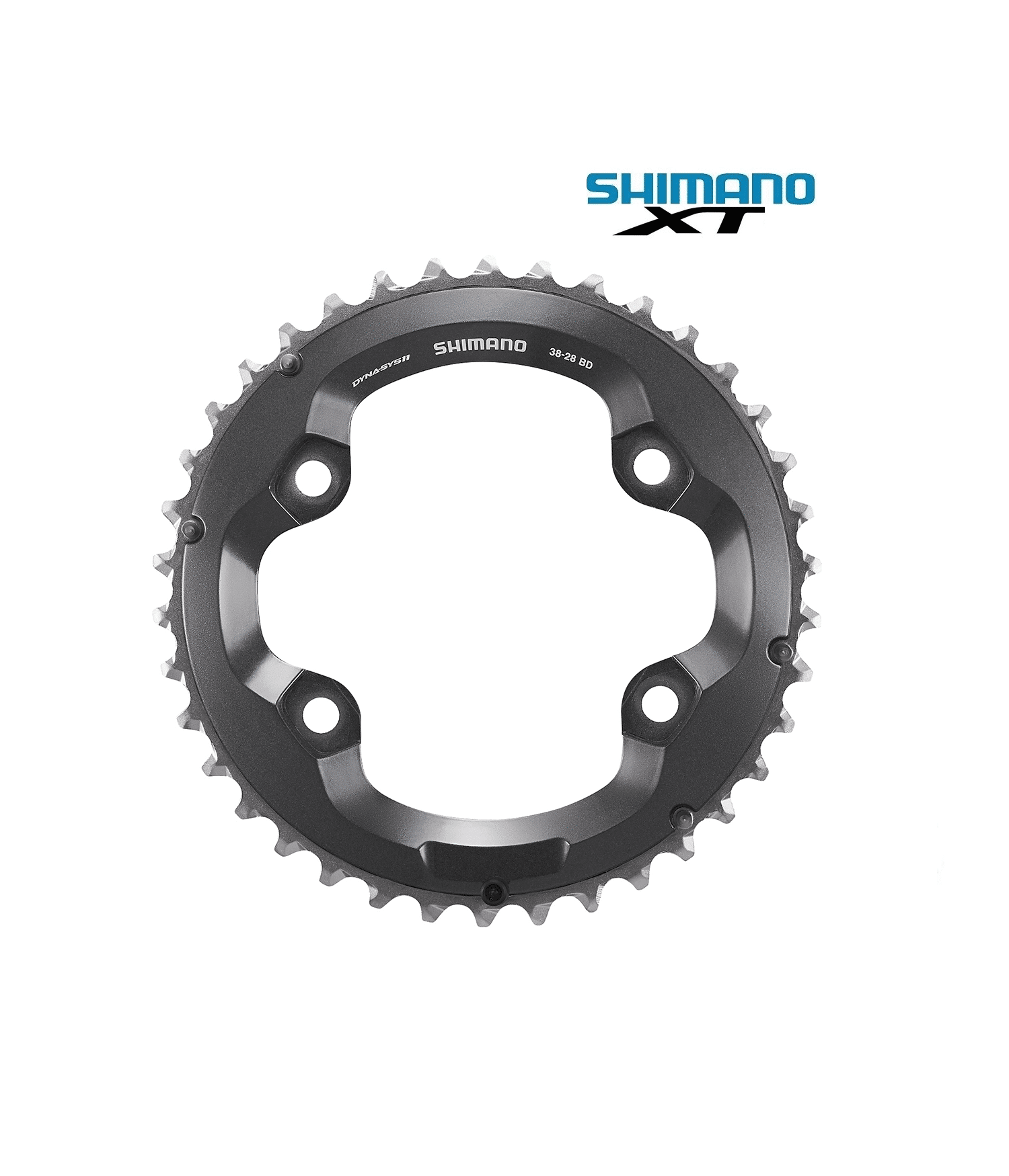 drev-shimano-xt-fc-m8000-stor.png Närbild av ett Shimano XT FC-M8000 framdrev i grå nyans, belyst för att framhäva detaljerna i kugghjulen och texten 'SHIMANO' och 'DYNA-SYS II'.