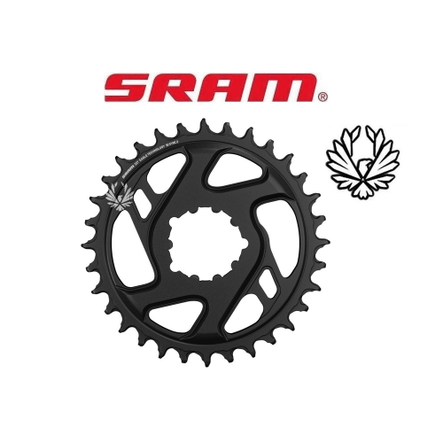 Närbild av ett svart SRAM X-Sync 2 Eagle kedjehjul med 6 mm offset, tillsammans med SRAM-logotypen och Eagle-symbolen, presenterat i en ren och detaljerad studiofotografering.