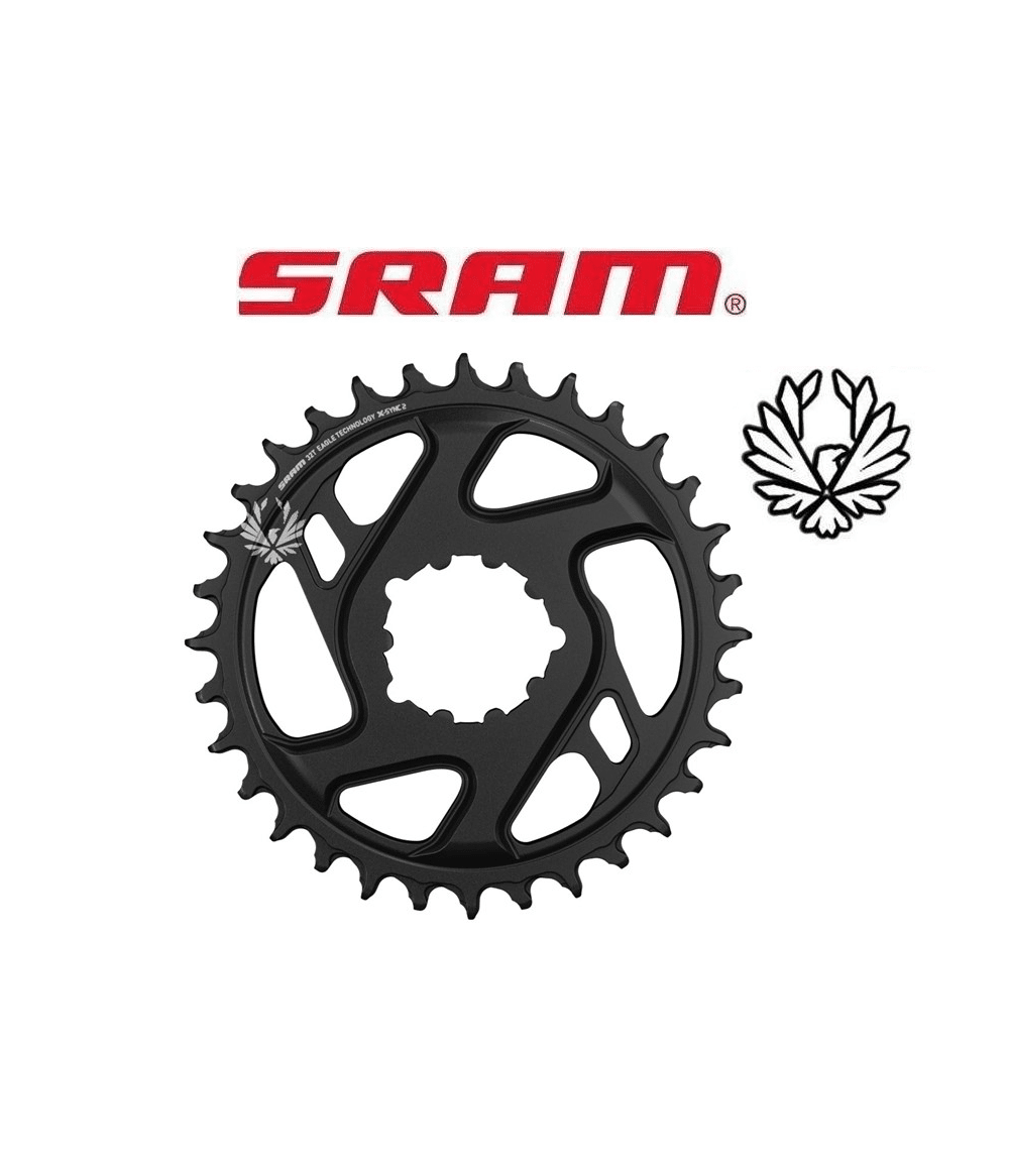 drev-sram-x-sync-2-eagle.png Närbild av ett svart SRAM X-Sync 2 Eagle kedjehjul med 6 mm offset, tillsammans med SRAM-logotypen och Eagle-symbolen, presenterat i en ren och detaljerad studiofotografering.