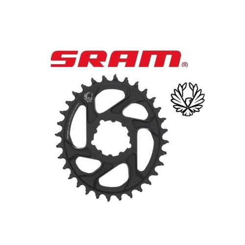 Svart SRAM X-Sync 2 ovalt kedjehjul med SRAM logotypen i rött och Eagle logotypen visas mot en vit bakgrund med neutral belysning, framhäver detaljerna i produkten.
