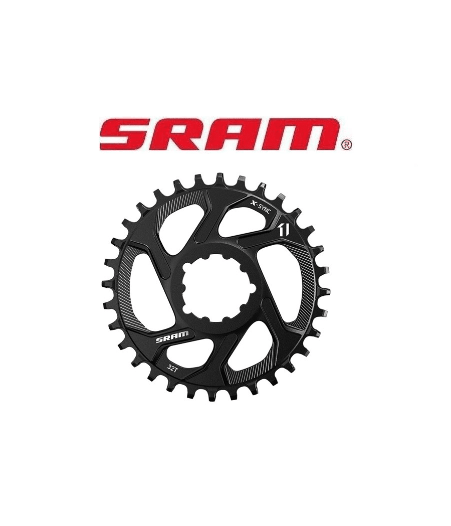 drev-sram-x-sync-boost-stal.png Stålsvart drev från SRAM X-Sync Boost, 32 tänder, med röd SRAM-logga ovanför. Produktfotografering i detalj med skarpa kontraster och jämn belysning för 'Drev Sram X-Sync Boost Stål'.