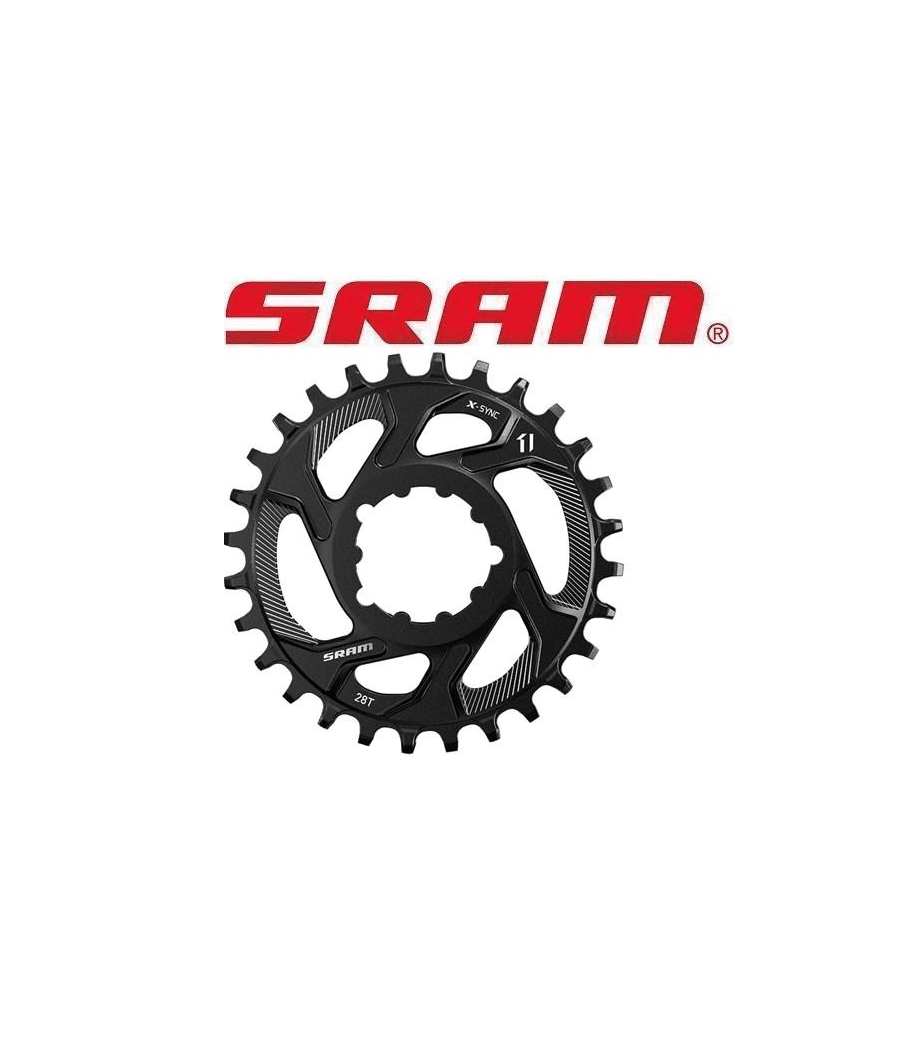 drev-sram-x-sync-boost.png Ett svart drev från SRAM, X-Sync Boost, visas framför en vit bakgrund. SRAM-logotypen syns ovanför. Drivet har 28 tänder och är avsett för 11-växlade system. Belysningen är jämn och detaljerad.