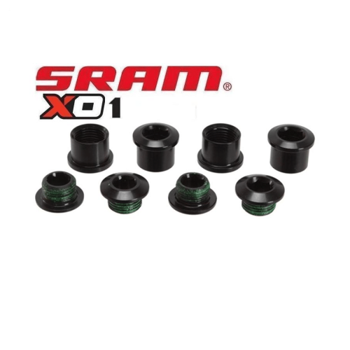 Åtta svarta drevbultar i två rader med SRAM X01 logotyp ovanför, fotograferade i starkt studioljus med fokus på detaljerna i bultarna och logotypen.