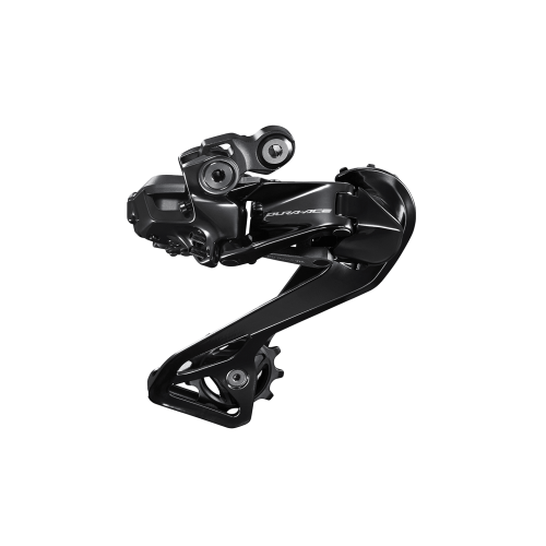 Svart Shimano Dura Ace RD-R9250 Di2 bakväxel för 12 växlar, elegant presenterad mot en ren vit bakgrund. Detaljerad rendering med subtila ljusreflexer som framhäver den tekniska precisionen.