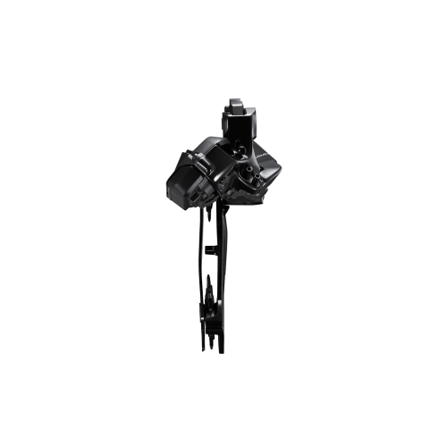 Detaljerad bild av en svart Shimano Dura Ace RD-R9250 Di2 12-växlad bakväxel. Produktfotot framhäver växeltekniken i skarpt ljus mot en ren, vit bakgrund.