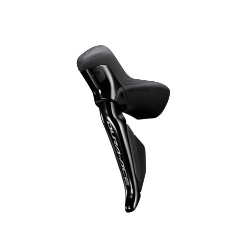 Shimano Dura Ace Di2 ST-R9270 STI-reglage i svart, fram/bak, för 2x12 växlar. Detaljrik bild i bra ljus, som framhäver konstruktion och märke.
