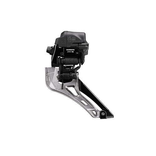 Detaljerad bild av en Shimano Dura Ace Di2 FD-R9250 framväxel för 2x12 växlar. Den är belyst i ett ljust, jämnt ljus, som framhäver den svarta och silverfärgade metallkonstruktionen.