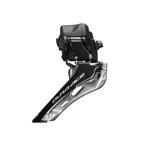 Shimano Dura Ace Di2 FD-R9250 framväxel, avbildad i detalj mot en vit bakgrund. Den eleganta designen och metalliska finishen framhävs av studioljuset.
