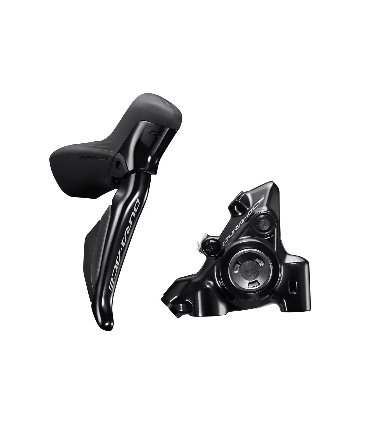 dura-ace-skivbromsset-bak.png Ett detaljerat fotografi visar ett Shimano Dura Ace Di2 skivbromsset i blanksvart finish. Komponenterna framhävs i stark belysning mot en ren vit bakgrund, vilket accentuerar deras eleganta design.