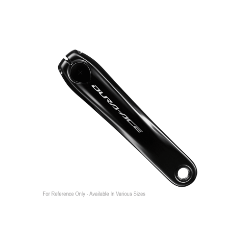 Svart Dura-Ace vevarm i blank finish, belyst för att framhäva "Dura-Ace" logotypen. Visas på en vit bakgrund. Bilden markerar att produkten finns i olika storlekar.