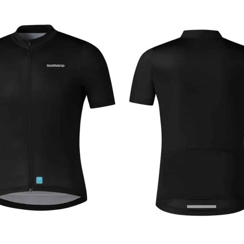 Fram- och bakifrån på Shimano Element Short Sleeve Jersey i svart, med dragkedja framtill, diskret Shimano-logotyp på bröstet och bakfickor i nederkant.