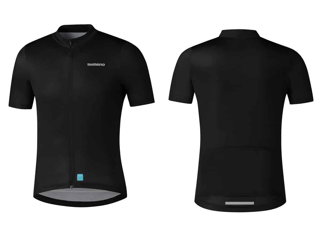 element-ss.jpg Fram- och bakifrån på Shimano Element Short Sleeve Jersey i svart, med dragkedja framtill, diskret Shimano-logotyp på bröstet och bakfickor i nederkant.