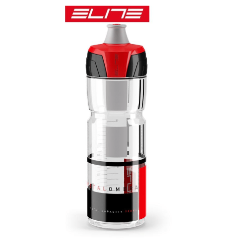 Elite Crystal Ombra 750 ml är en sportvattenflaska i klar plast med svarta och röda detaljer, röd kapsyl, måttangivelser och med "Elite"-logotypen ovanför på vit bakgrund.