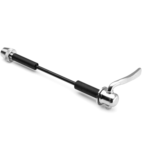 En silverfärgad Elite snabbkopplings-adapter för 10-12mm thru-axel ligger mot en vit bakgrund. Komponenten har en svart axel och detaljer i silver. Ljuset är mjukt och väl diffuserat.