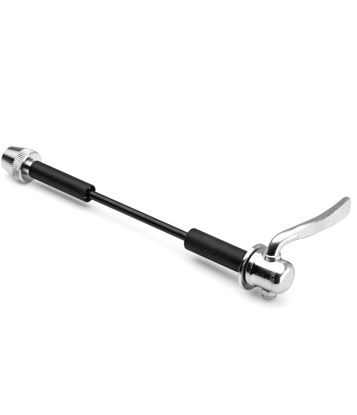 elite.snabbkopplningsadapter.png En silverfärgad Elite snabbkopplings-adapter för 10-12mm thru-axel ligger mot en vit bakgrund. Komponenten har en svart axel och detaljer i silver. Ljuset är mjukt och väl diffuserat.