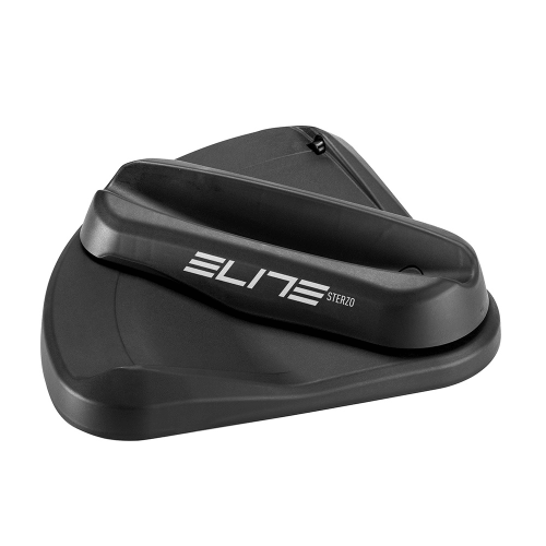 En mekanisk styrplatta för framhjul, Elite Sterzo, i svart plast, belyst med studioljus mot en vit bakgrund. Logotypen "Elite Sterzo" syns tydligt.