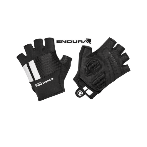 Två svarta Endura FS260 Pro Aerogel fingerlösa cykelhandskar med vita ränder och meshdetaljer visas, en med handflatan uppåt och en med ryggen uppåt. Endura-logotypen är synlig på båda handskarna.