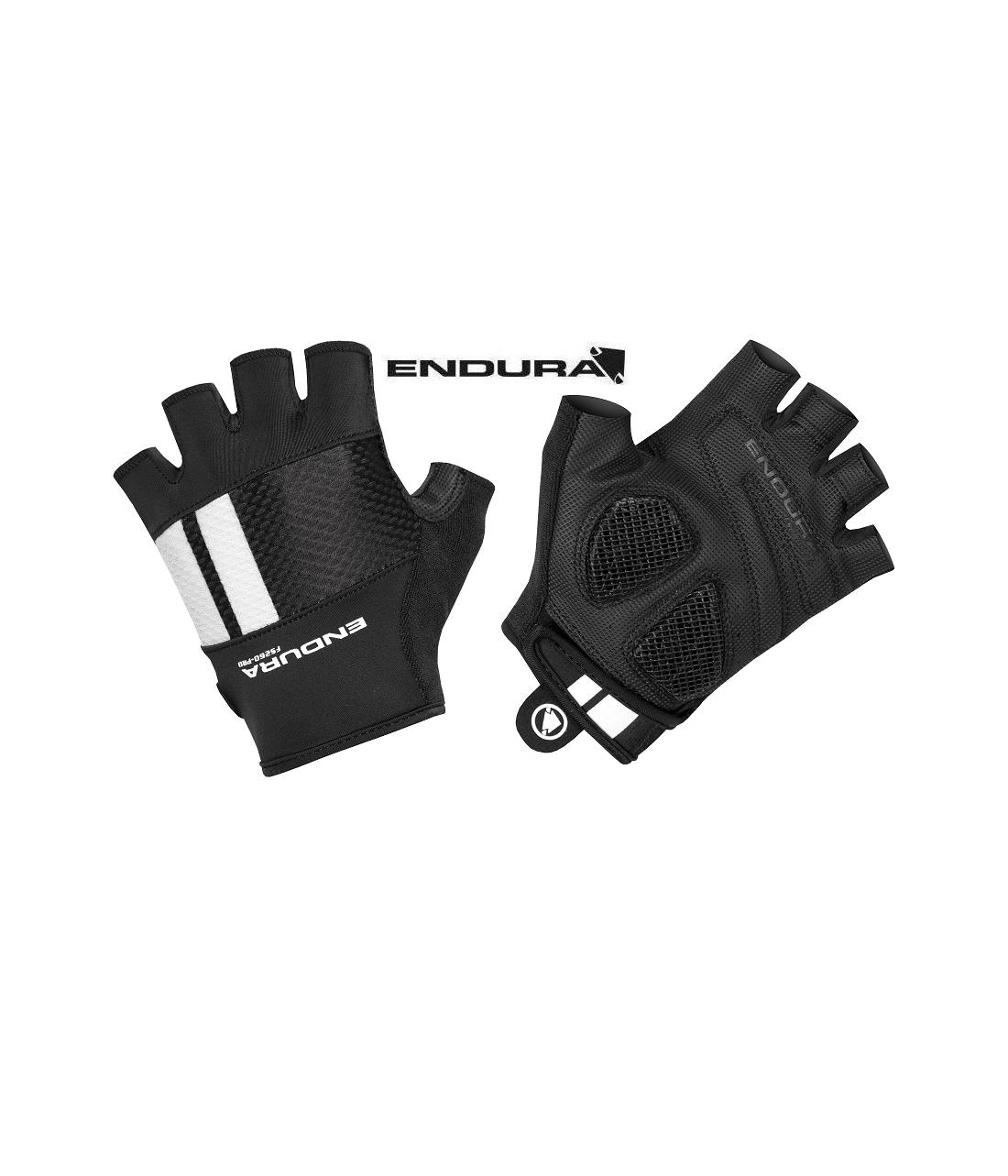 endura-fs260-pro-aerogel.png Två svarta Endura FS260 Pro Aerogel fingerlösa cykelhandskar med vita ränder och meshdetaljer visas, en med handflatan uppåt och en med ryggen uppåt. Endura-logotypen är synlig på båda handskarna.
