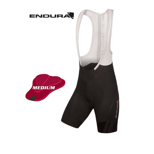 Ett par svarta Endura FS260 Pro SL Bib Shorts med vita axelband visas tillsammans med en separat röd vadderad insats märkt "MEDIUM" på en vit bakgrund. Endura-logotypen visas i det övre vänstra hörnet.