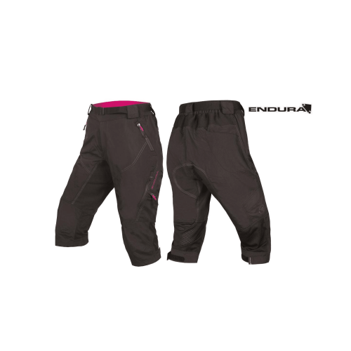 Två svarta Endura Hummvee II 3/4 byxa med innerbyxa cykelshorts med rosa dragkedjor visas, den ena framtill och den andra baktill, med Endura-logotypen i övre högra hörnet.