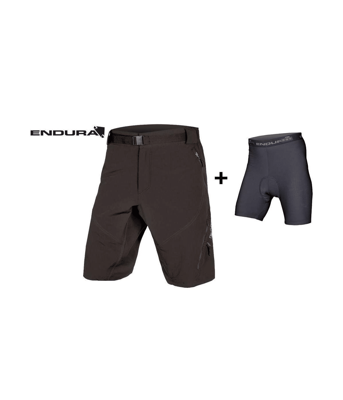 endura-hummvee-med-innerbyxa.png Ett par svarta Endura Hummvee shorts med innerbyxa med blixtlåsförsedda fickor och justerbart bälte, visas bredvid löstagbara svarta vadderade liner shorts.