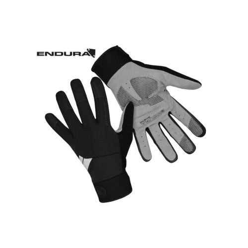 Ett par Endura Windchill vinterhandske cykelhandskar visas, den ena med handflatan uppåt som avslöjar greppmönster och stoppning, den andra med baksidan uppåt som visar Endura-logotypen och en svart och grå design.