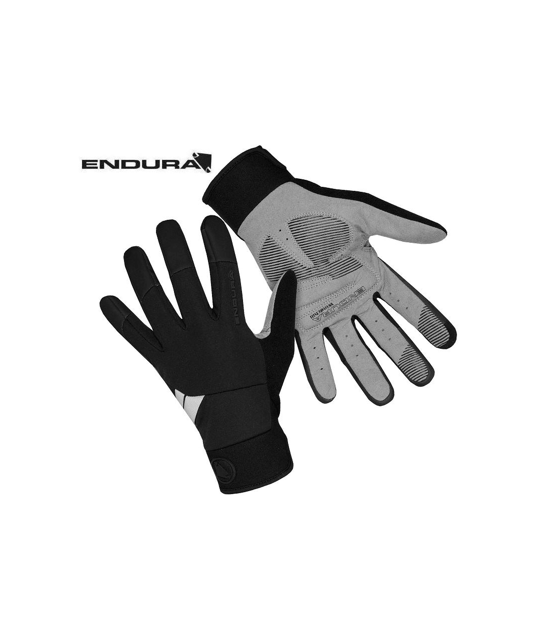 endura-windchill-vinterhandske.png Ett par Endura Windchill vinterhandske cykelhandskar visas, den ena med handflatan uppåt som avslöjar greppmönster och stoppning, den andra med baksidan uppåt som visar Endura-logotypen och en svart och grå design.