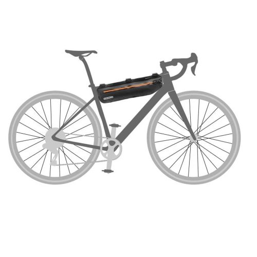 Illustrationen visar en grå landsvägscykel med en Ramväska Ortlieb gravel 3 eller 4 liter svart, en svart triangelformad ramväska med dragkedja, fäst på överröret.