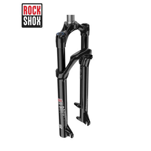 Framgaffel RockShox 30 Gold RL 29 Tapered i svart visas mot en vit bakgrund. Detaljrik återgivning med fokus på märkets logotyp och gaffelns konstruktion, presenterad i ett jämnt och neutralt ljus.