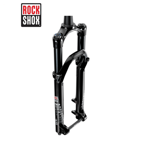En detaljerad bild av en svart RockShox 35 Gold RL 29 Tapered Boost framgaffel. Studioljuset framhäver dess glansiga yta och tekniska detaljer. Perfekt för seriösa cyklister.