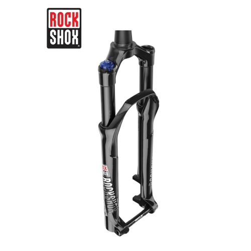 Framgaffel RockShox Reba RL 29, svart, med tydlig blå justeringsratt. Grafiken är väl synlig i den ljusa studioljussättningen, vilket framhäver detaljerna.