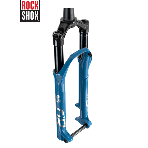 Blå RockShox SID Ultimate RLC 29 framgaffel. Professionell produktbild i studiobelysning mot vit bakgrund. Detaljerade texturer och släta ytor framhävs i ljuset.