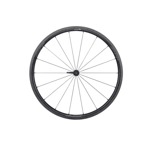 Framhjul Zipp 202 NSW, belyst av mjukt ljus. Detaljrikedom i kolfiberstrukturen och de tunna ekrarna framhävs, med en subtil skärpa som ger en professionell känsla.