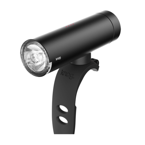 Framlampa Knog PWR Commuter 450 lumen är en svart, matt cylindrisk cykelstrålkastare med en klar lins, monterad på ett svart fäste med två runda hål. Den har en enkel, modern design och visas på en vit bakgrund.