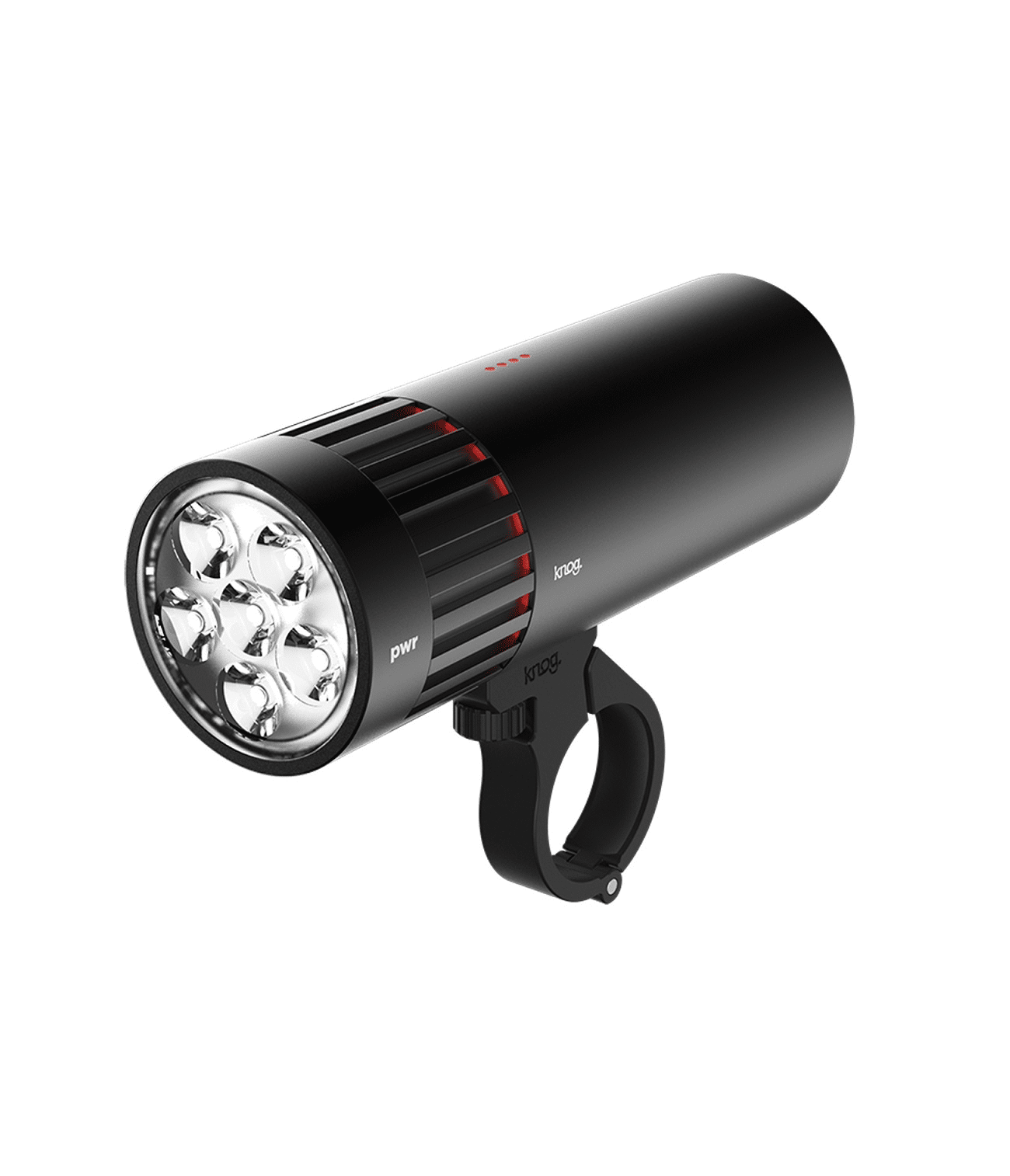 framlampa-knog-pwr-mountain-2000-lumen-1.png Framlampa Knog PWR Mountain 2000 lumen är en svart cylindrisk cykellampa med sex LED-lampor, en "PWR"-knapp och ett fäste för montering på styret.