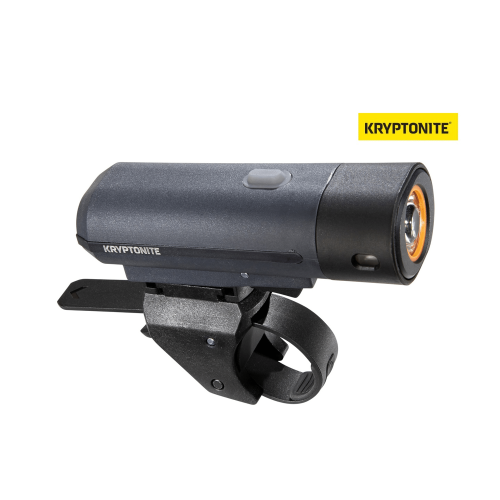 En Framlampa Kryptonite Street F-300 cykelstrålkastare med monteringsfäste och justerbar rem, mot en vit bakgrund med Kryptonite-logotypen i det övre högra hörnet.
