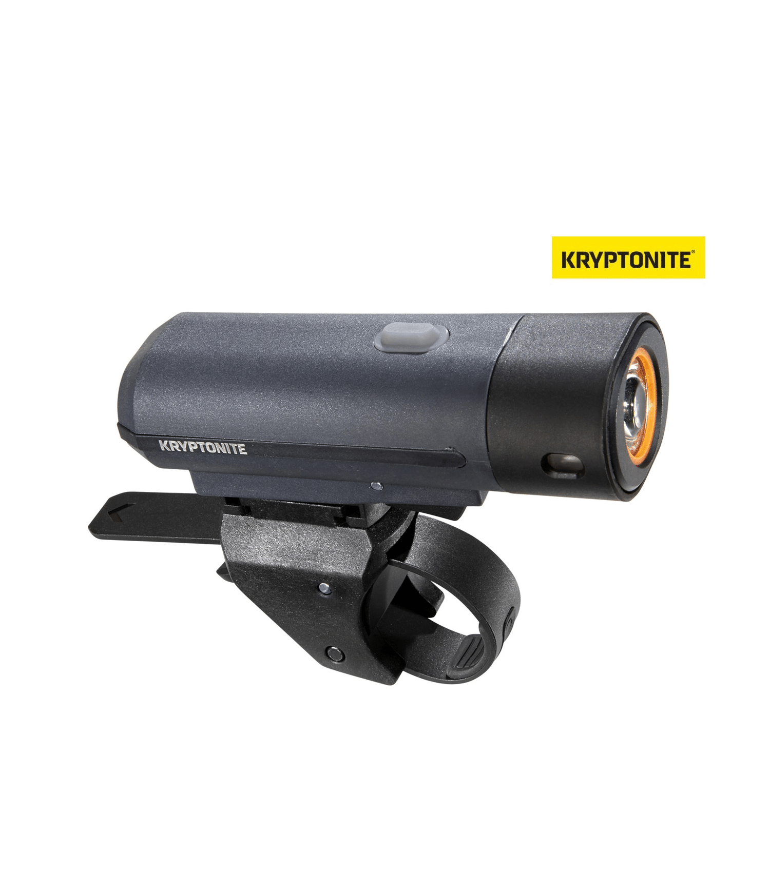 framlampa-kryptonite-street-f-300.png En Framlampa Kryptonite Street F-300 cykelstrålkastare med monteringsfäste och justerbar rem, mot en vit bakgrund med Kryptonite-logotypen i det övre högra hörnet.
