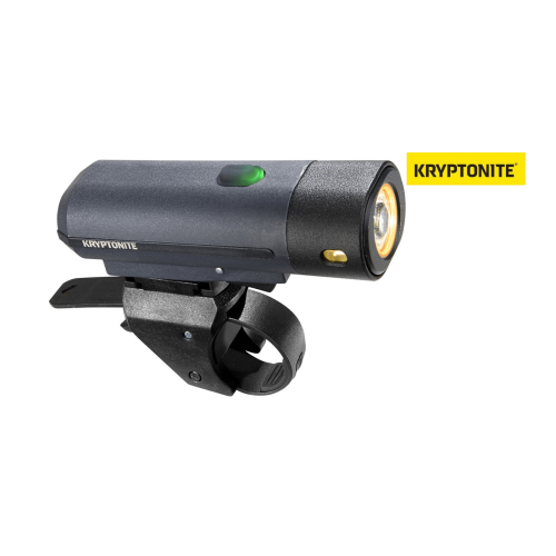 Framlampa Kryptonite Street F-500, en svart cykelstrålkastare med monteringsfäste och synlig strömbrytare, visas mot en vit bakgrund med Kryptonite-logotypen till höger.