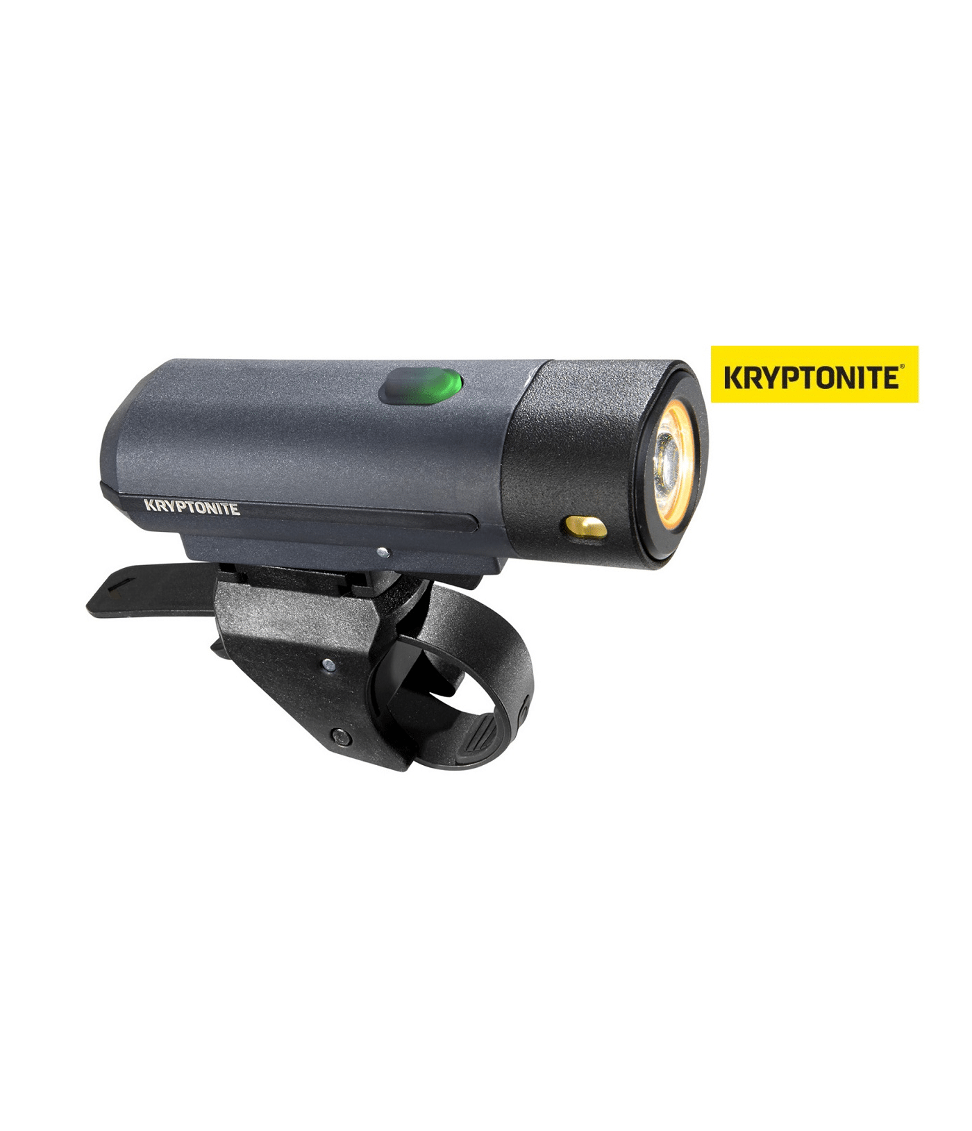 framlampa-kryptonite-street-f-500.png Framlampa Kryptonite Street F-500, en svart cykelstrålkastare med monteringsfäste och synlig strömbrytare, visas mot en vit bakgrund med Kryptonite-logotypen till höger.