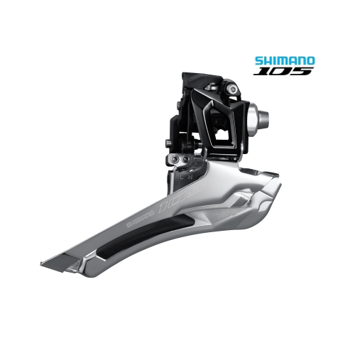 Shimano 105 FD-R7000 framväxel i silver och svart, fotograferad i studio. Belysningen framhäver detaljerna och materialets textur, och skapar en ren och professionell presentation.
