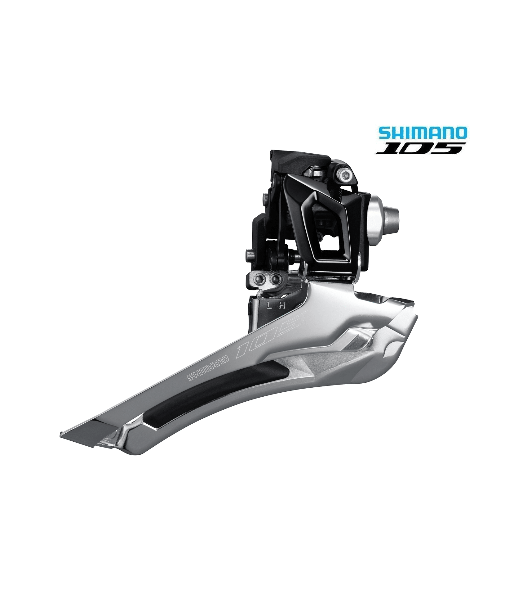 framvaxel-shimano-105-fd-r7000-klamma-1.png Shimano 105 FD-R7000 framväxel i silver och svart, fotograferad i studio. Belysningen framhäver detaljerna och materialets textur, och skapar en ren och professionell presentation.