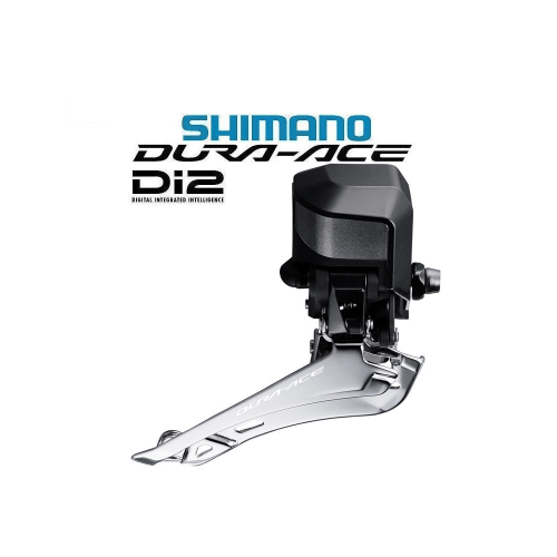 Detaljerad bild av en Shimano Dura Ace Di2 FD-R9150F framväxel. Den kromade finishen och det svarta motorhuset framhävs i ett rent, studiolikt ljus.