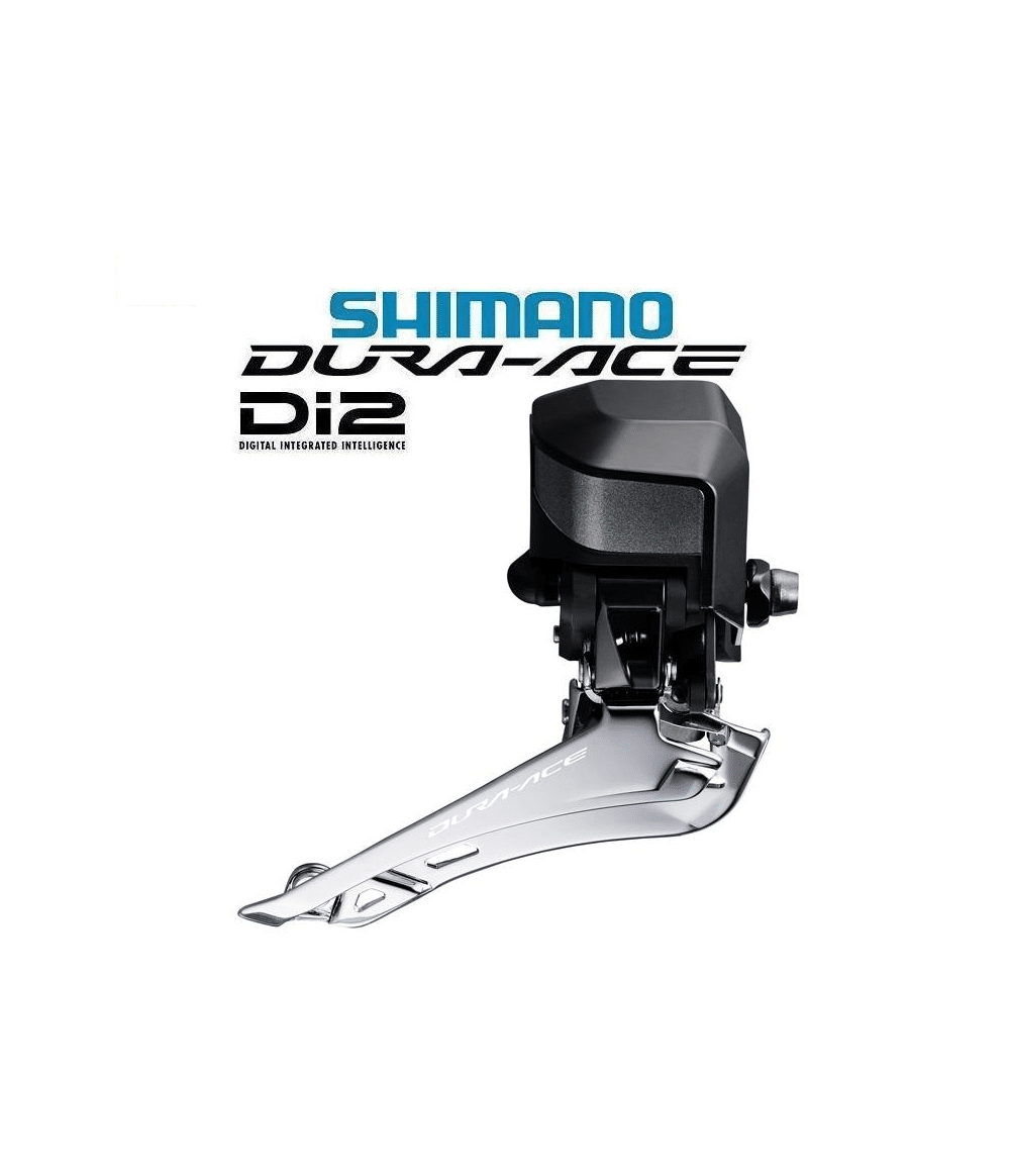 framvaxel-shimano-dura-ace-fd-r9150f-di2.png Detaljerad bild av en Shimano Dura Ace Di2 FD-R9150F framväxel. Den kromade finishen och det svarta motorhuset framhävs i ett rent, studiolikt ljus.