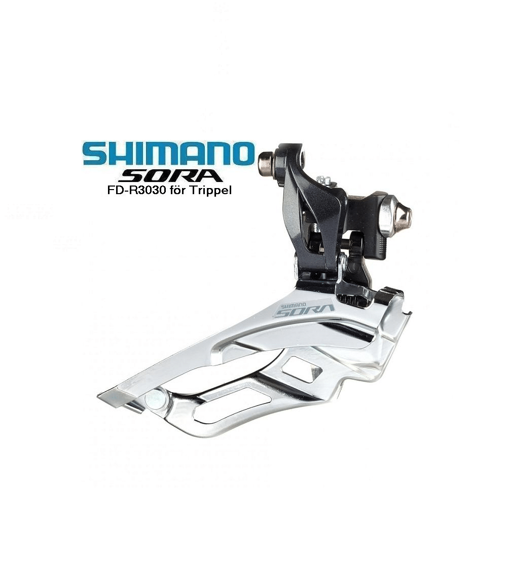 framvaxel-shimano-sora-fd-r3030-braze-on.png En detaljerad bild av en Shimano Sora FD-R3030 framväxel för cyklar, 3x9s, i silver och svart. Produktfotografering i studio med jämn belysning.
